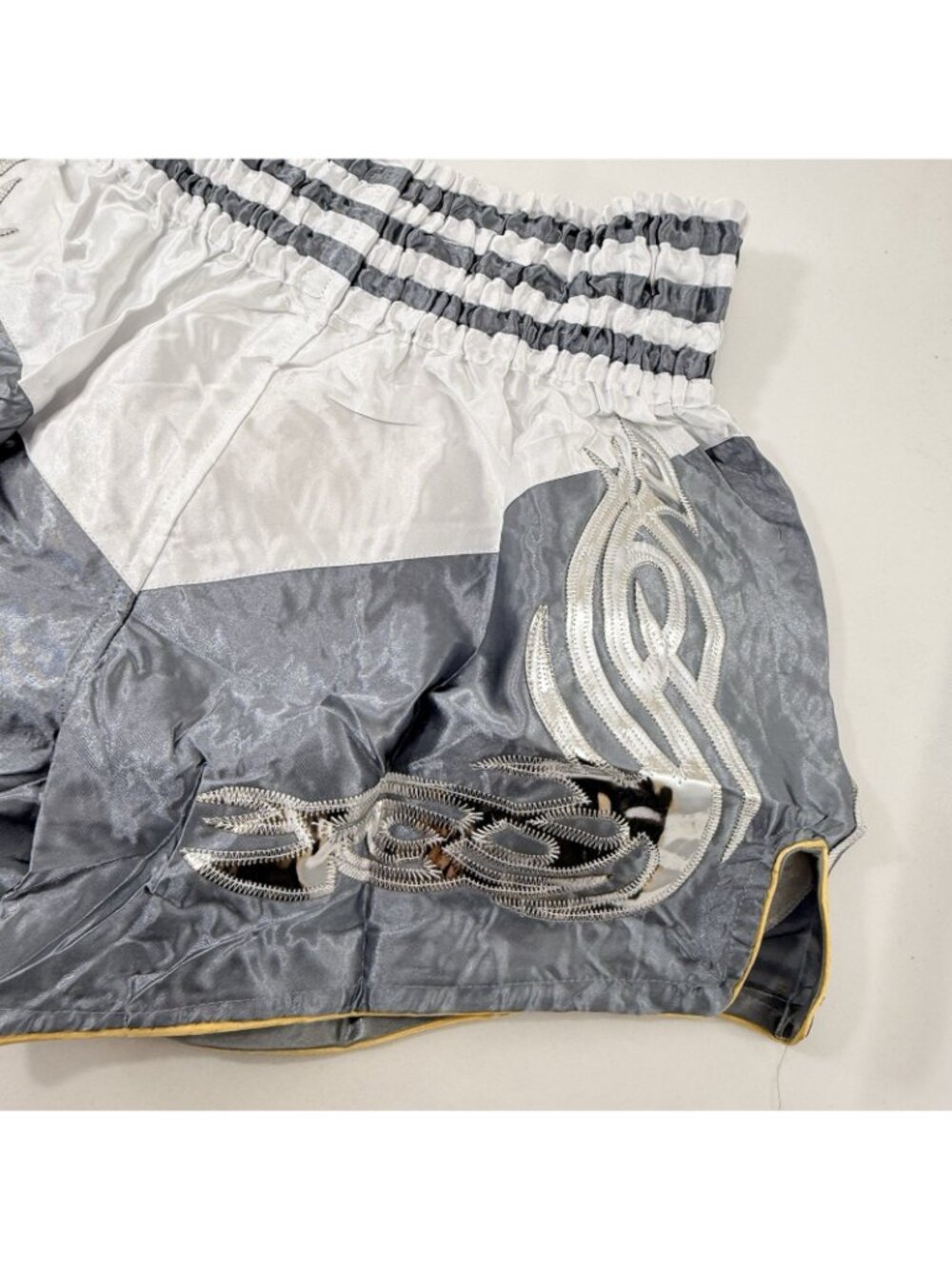 Muay Thai Boxing Shorts Men Women Size L Fonts Gray Gold Satin Patch Kickboxing - Picture 9 of 12